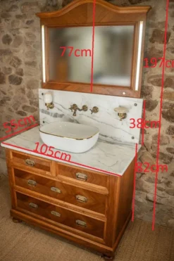 Meuble sous vasque ancien de 1928 en bois et marbre avec miroir éclairant