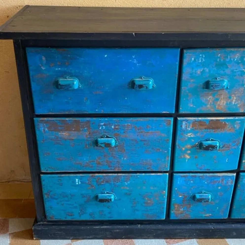 Meuble à tiroirs vintages "Bleu d’atelier"