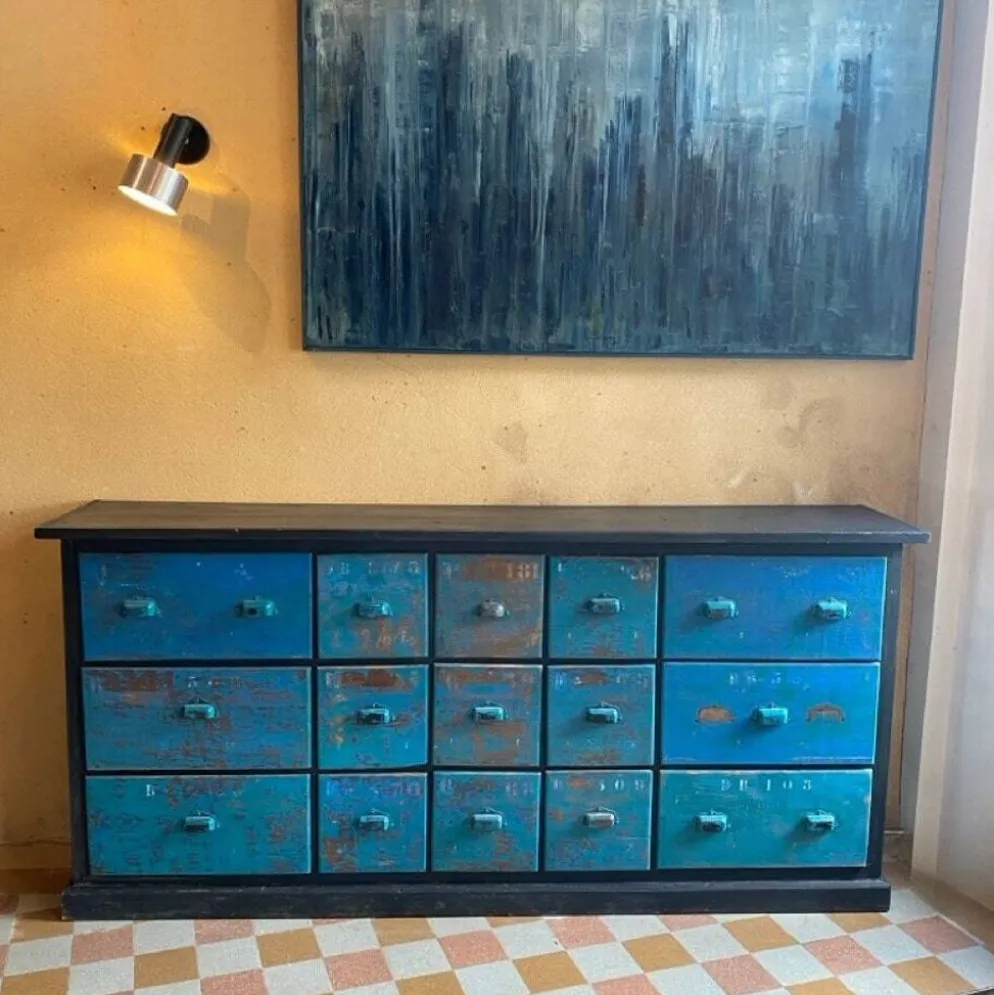 Meuble à tiroirs vintages "Bleu d’atelier"