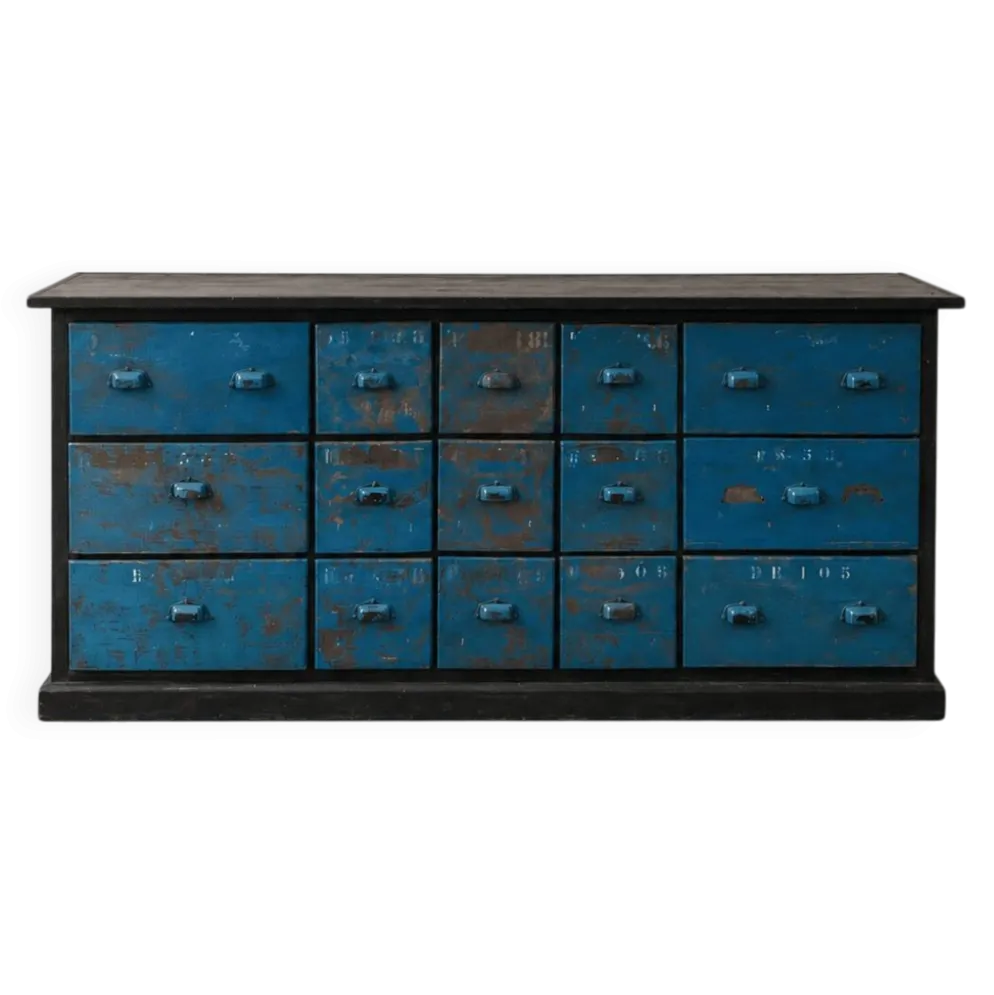 Meuble à tiroirs vintages "Bleu d’atelier"