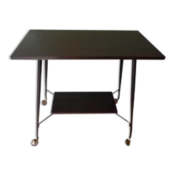 Meuble TV formica, 2 plateaux, sur roulettes atypiques incurvées - Années 60