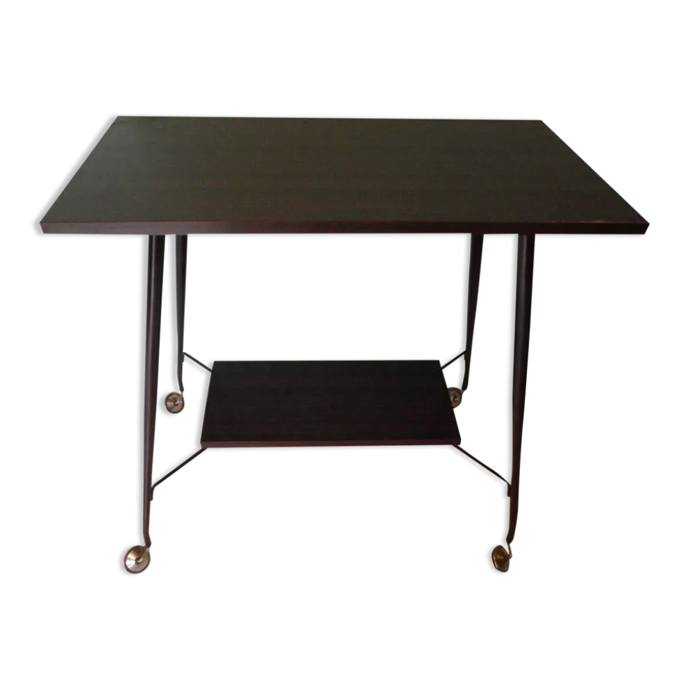 Meuble TV formica, 2 plateaux, sur roulettes atypiques incurvées - Années 60