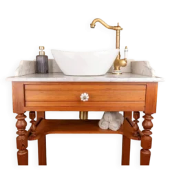 Meuble vasque ancien en pitchpin massif et plateau en marbre blanc