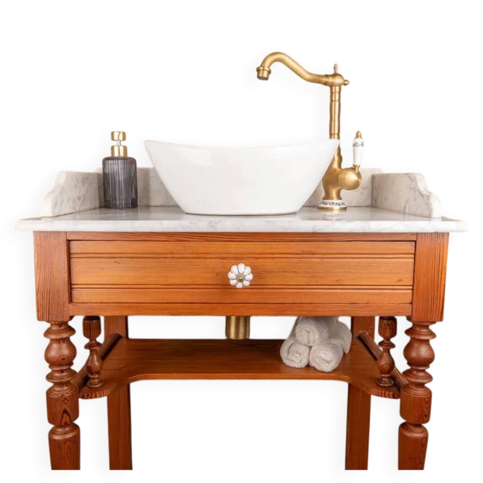 Meuble vasque ancien en pitchpin massif et plateau en marbre blanc