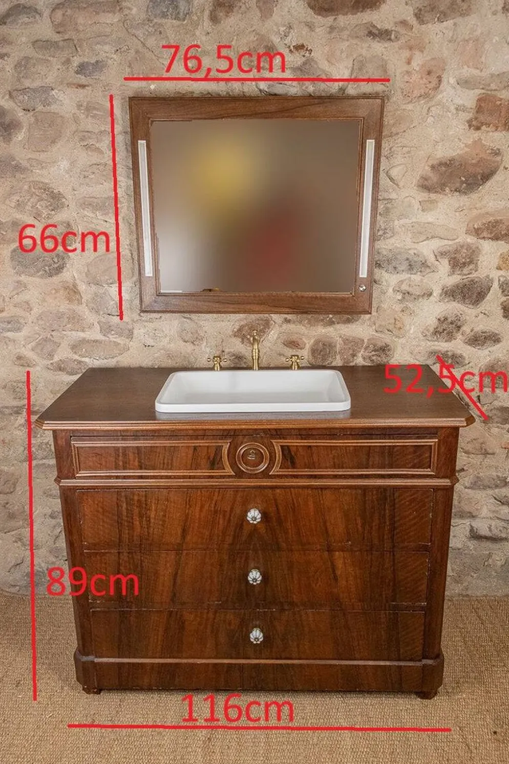 Meuble vasque Louis-Philippe en noyer & miroir LED assorti