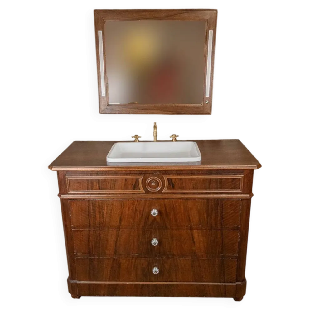 Meuble vasque Louis-Philippe en noyer & miroir LED assorti