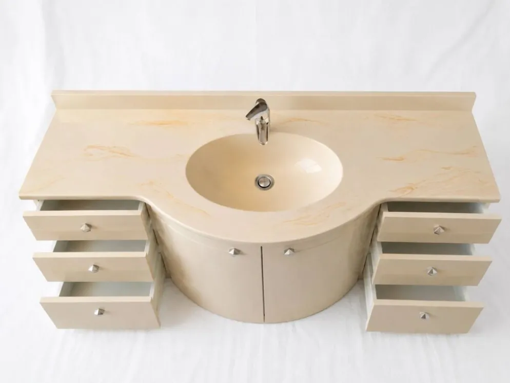 Meuble-vasque vintage sculptural laqué crème et marbre, années 80