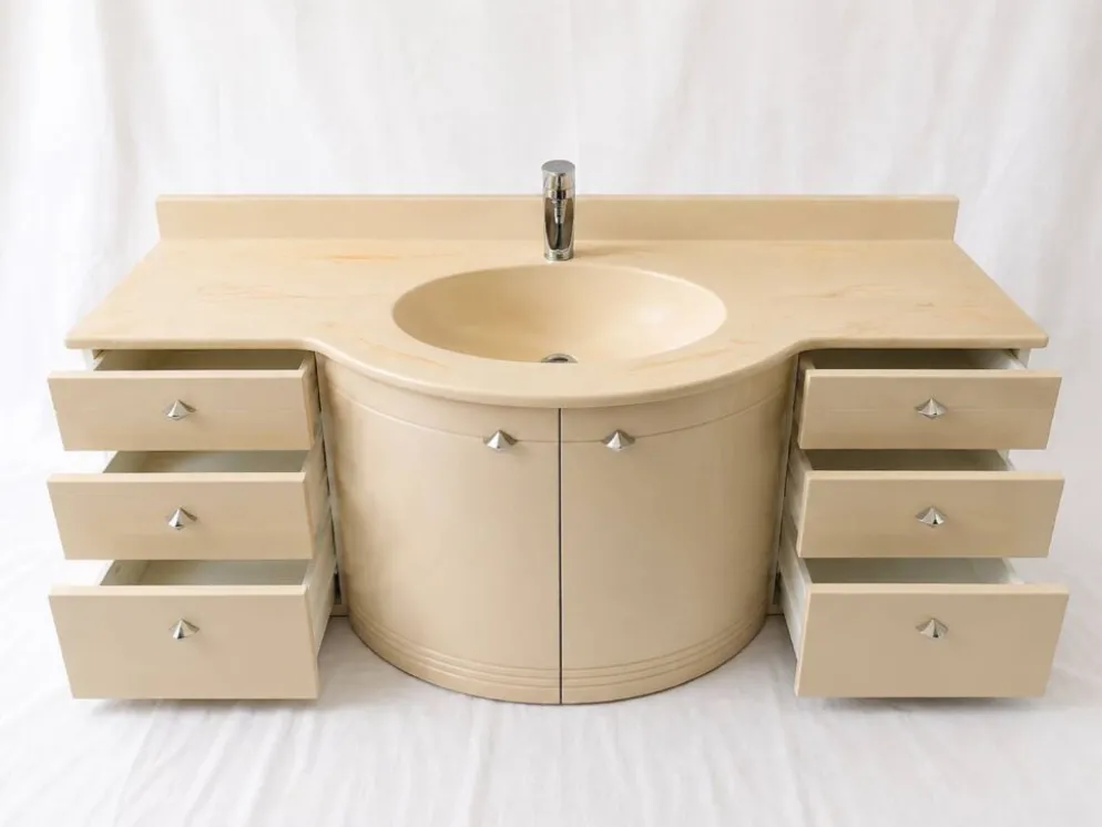 Meuble-vasque vintage sculptural laqué crème et marbre, années 80