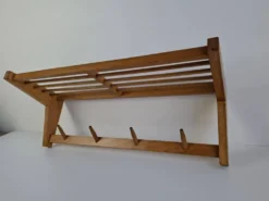 Midcentury Czechoslovak Wooden Wall Coat Rack with Shelf, Uluv, 1970s