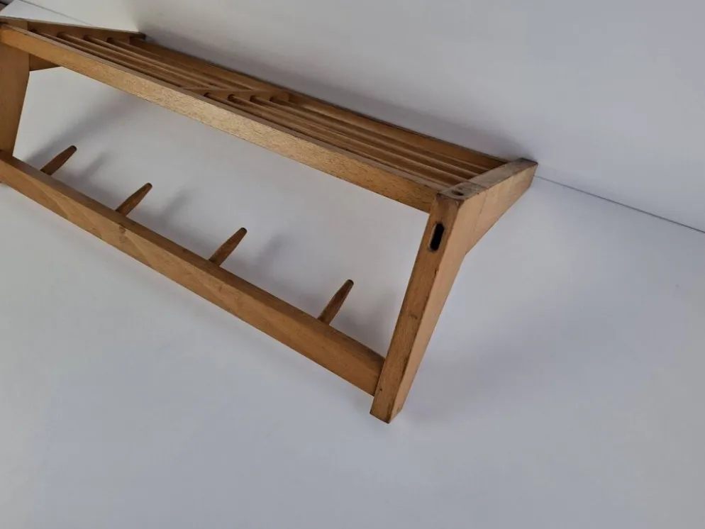 Midcentury Czechoslovak Wooden Wall Coat Rack with Shelf, Uluv, 1970s