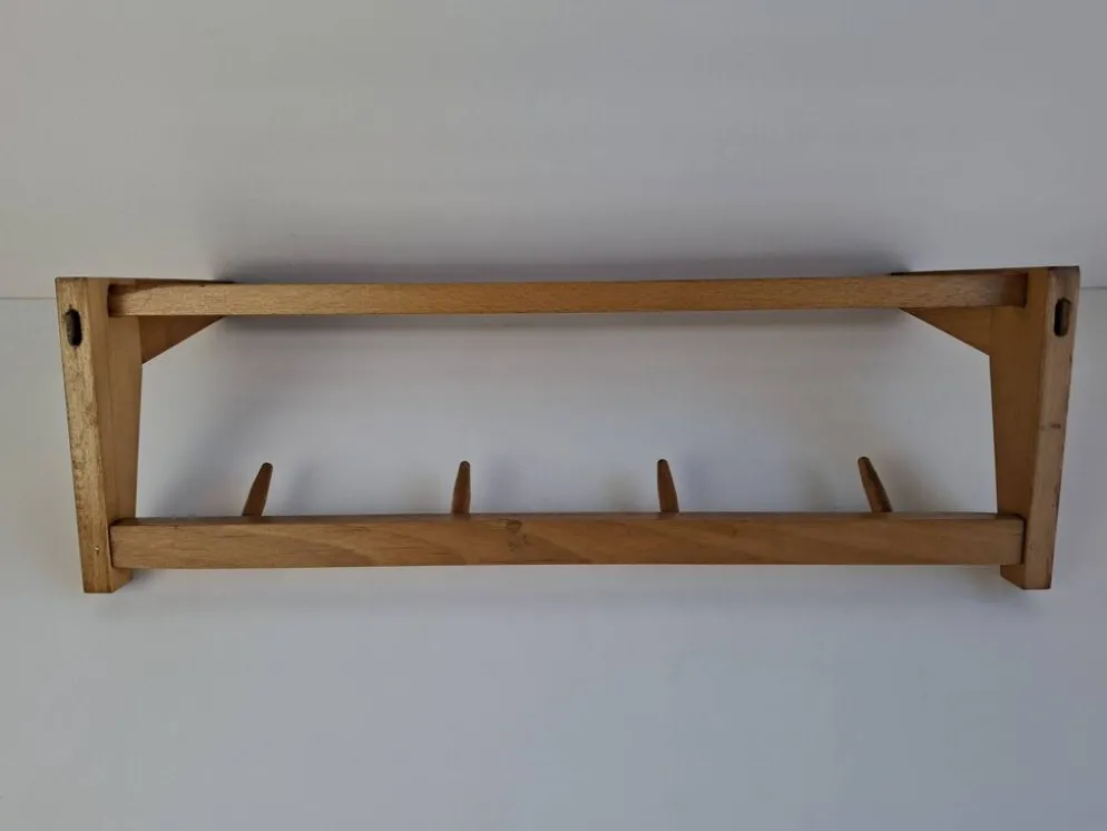 Midcentury Czechoslovak Wooden Wall Coat Rack with Shelf, Uluv, 1970s