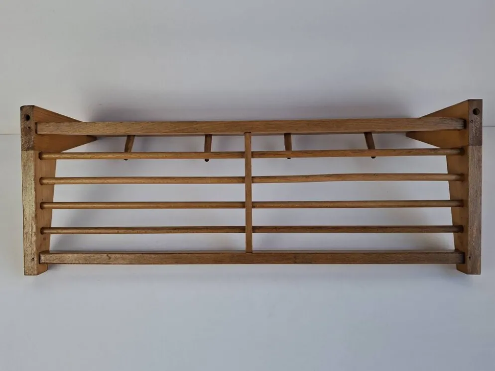 Midcentury Czechoslovak Wooden Wall Coat Rack with Shelf, Uluv, 1970s
