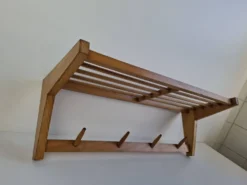 Midcentury Czechoslovak Wooden Wall Coat Rack with Shelf, Uluv, 1970s