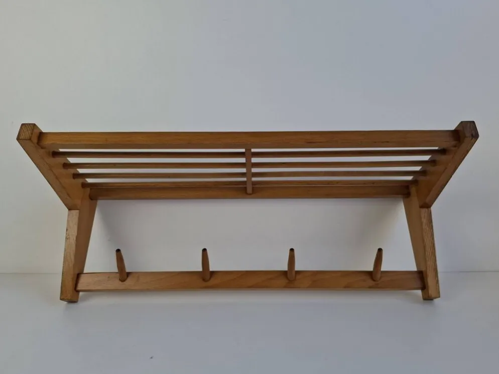Midcentury Czechoslovak Wooden Wall Coat Rack with Shelf, Uluv, 1970s