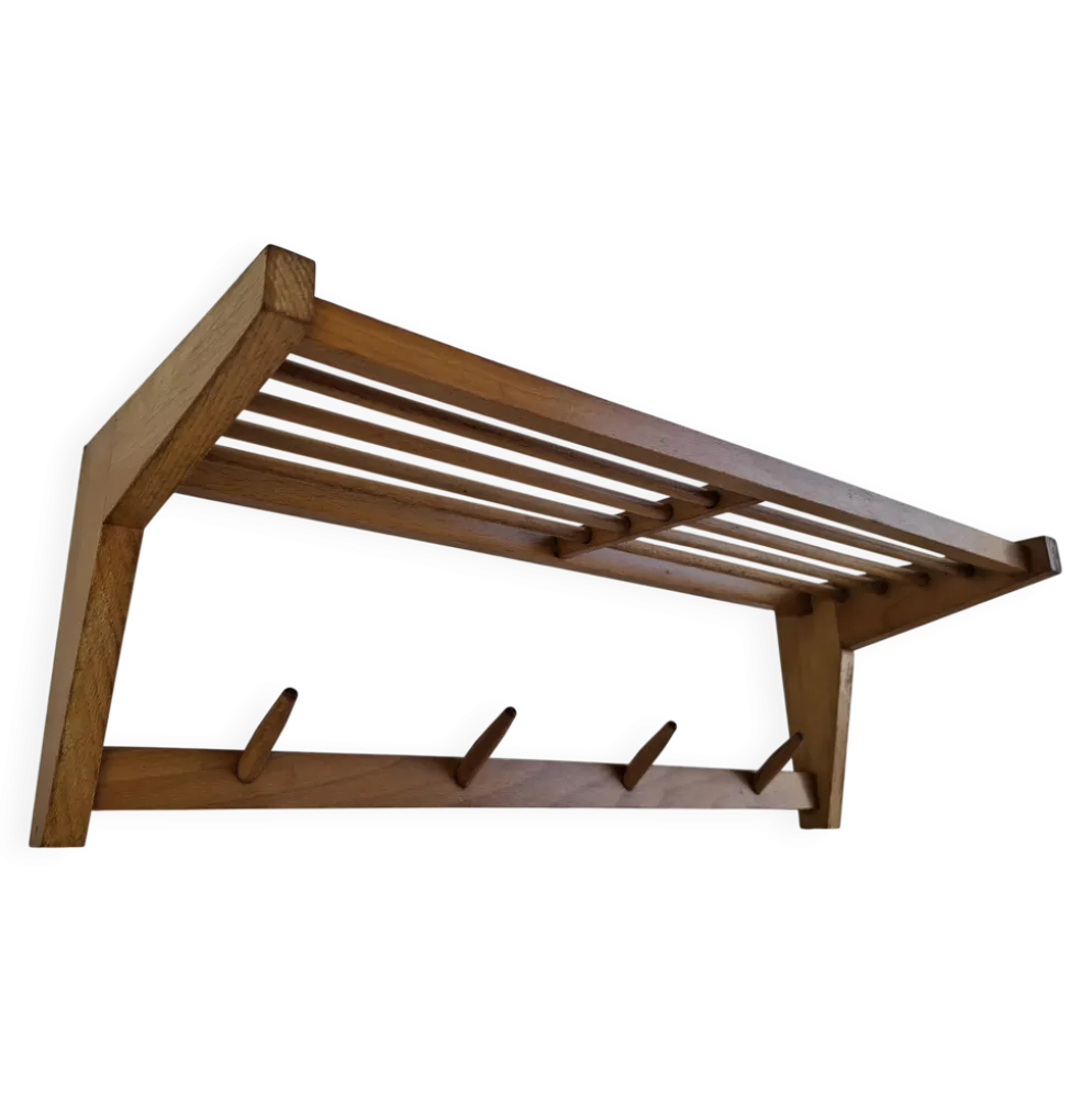 Midcentury Czechoslovak Wooden Wall Coat Rack with Shelf, Uluv, 1970s