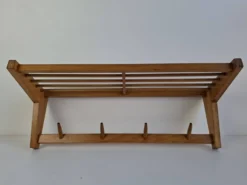 Midcentury Czechoslovak Wooden Wall Coat Rack with Shelf, Uluv, 1970s