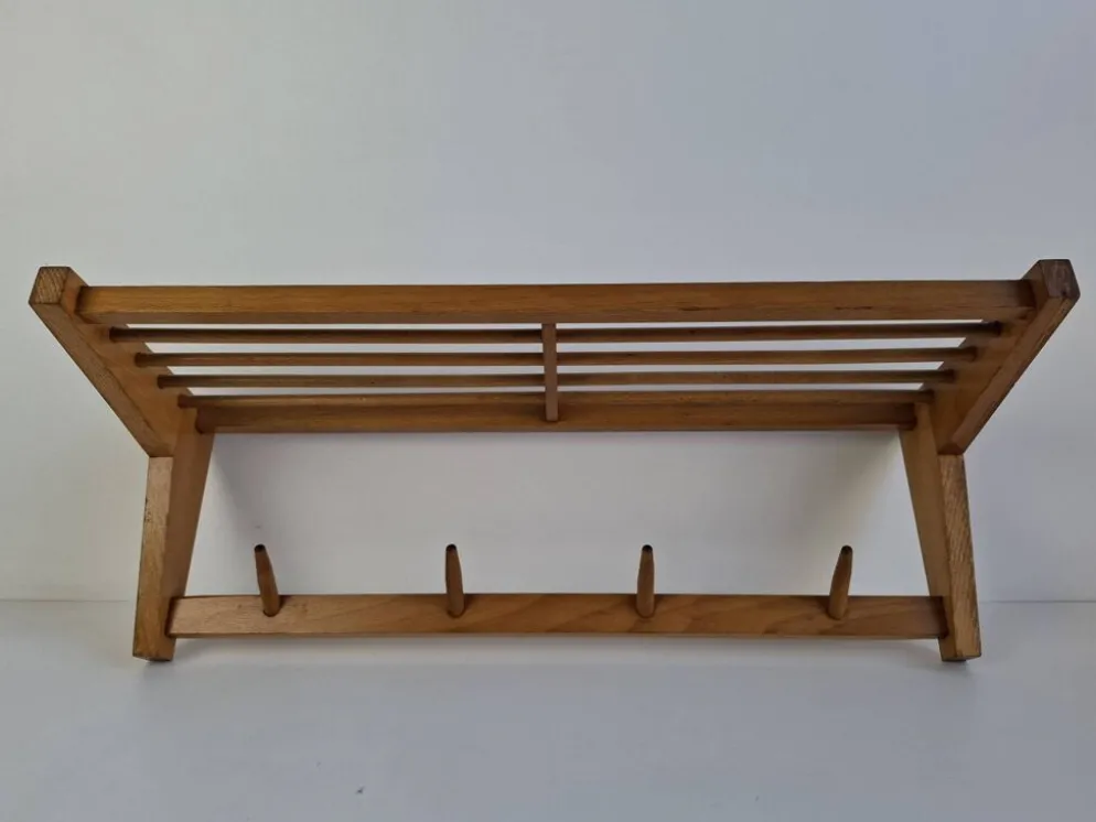 Midcentury Czechoslovak Wooden Wall Coat Rack with Shelf, Uluv, 1970s