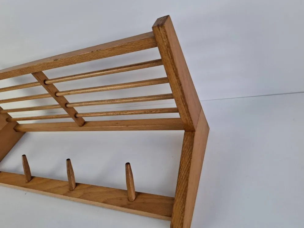 Midcentury Czechoslovak Wooden Wall Coat Rack with Shelf, Uluv, 1970s