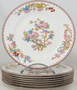 Minton Cuckoo, Coucou, 8 assiettes de table porcelaine peintes main, 26 cm.