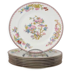 Minton Cuckoo, Coucou, 8 assiettes de table porcelaine peintes main, 26 cm.