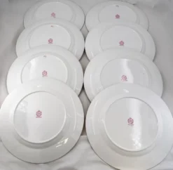 Minton Cuckoo, Coucou, 8 assiettes de table porcelaine peintes main, 26 cm.