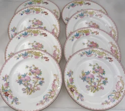 Minton Cuckoo, Coucou, 8 assiettes de table porcelaine peintes main, 26 cm.
