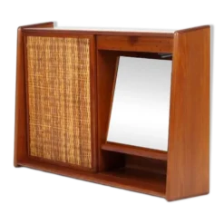 Miroir de cabinet de salle de bain suspendu en teck danois rétro vintage avec canne des années 60.