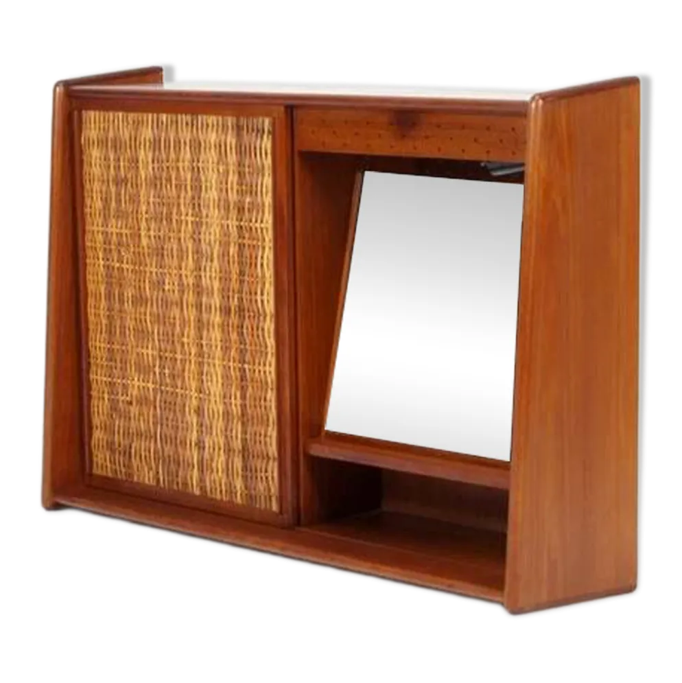Miroir de cabinet de salle de bain suspendu en teck danois rétro vintage avec canne des années 60.