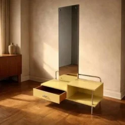 Miroir de coiffeur Bauhaus bois métal verre Slezák années 1930 Tchécoslovaquie
