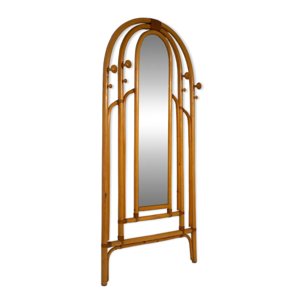 Miroir en rotin Malacca et porte-manteau, années 1960