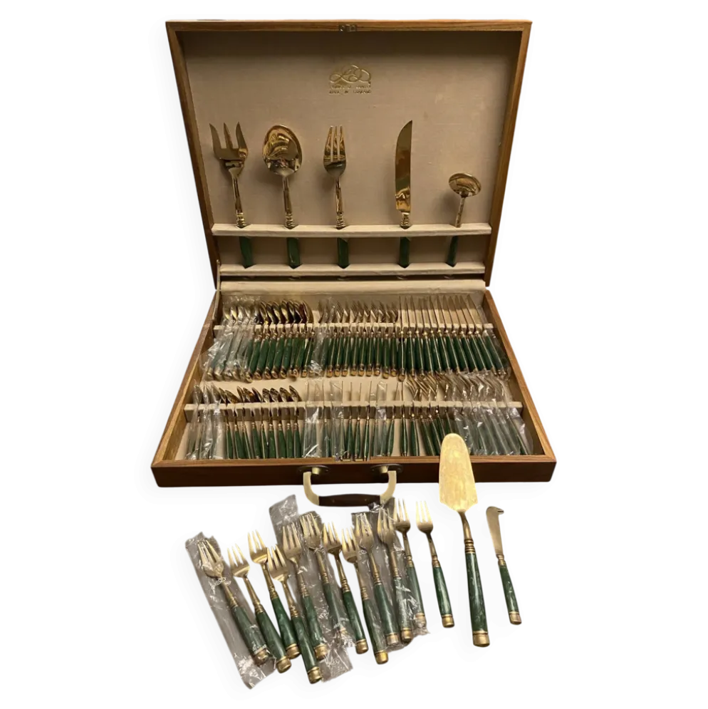 Ménagère Vintage Laiton & Teck Style Mid-Century – 1960/1970 – Manches