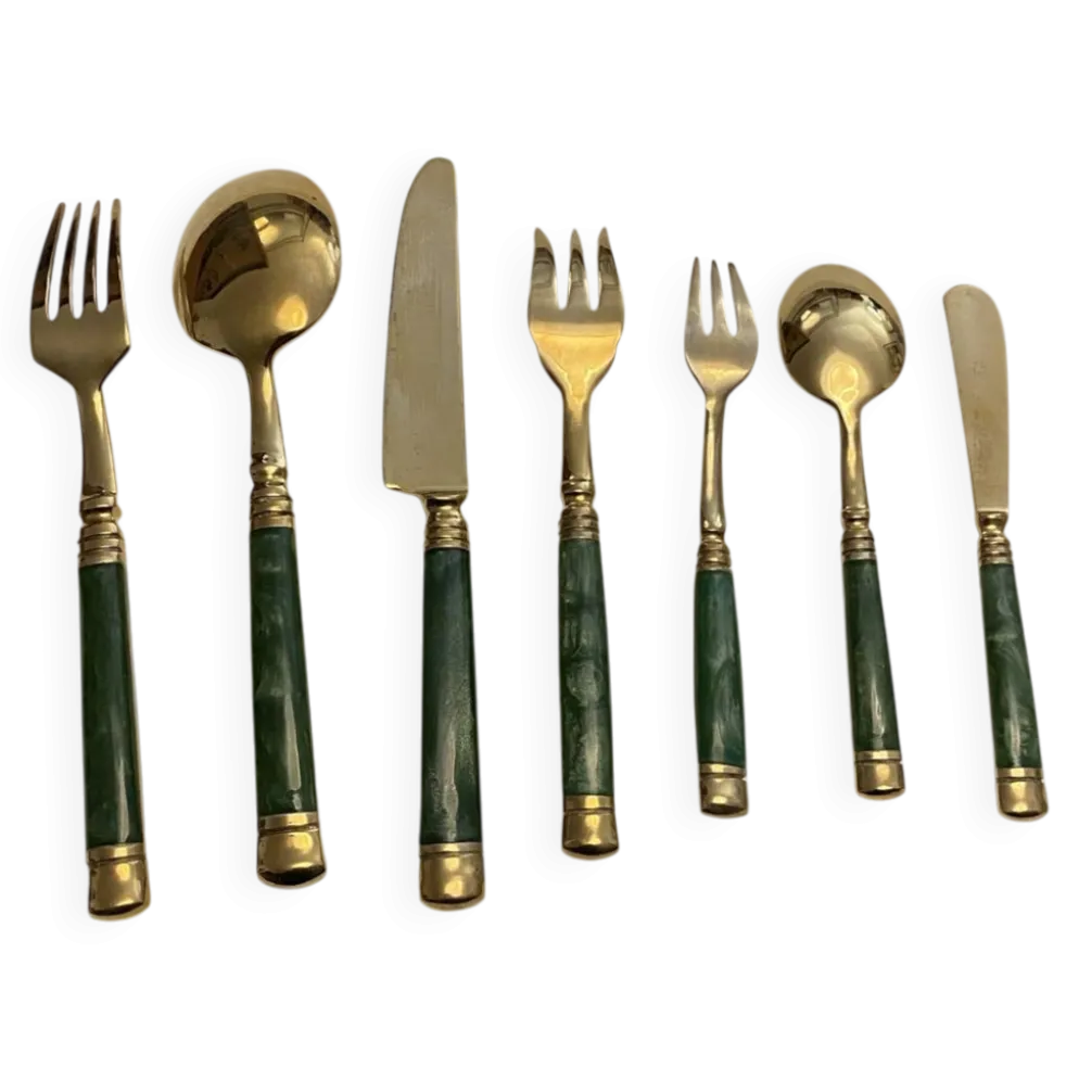 Ménagère Vintage Laiton & Teck Style Mid-Century – 1960/1970 – Manches