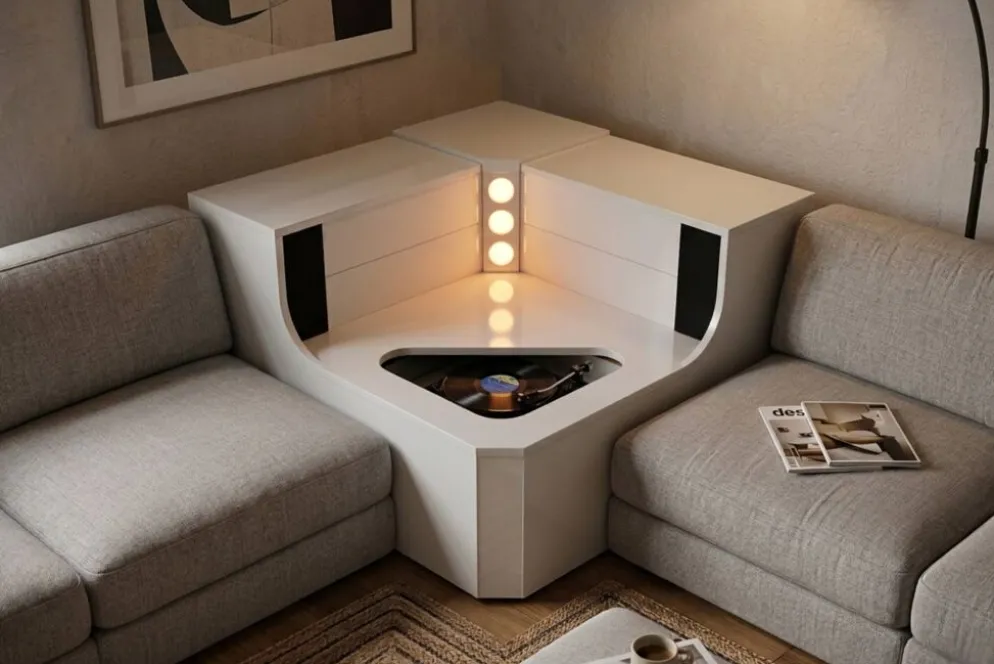 Mobile angulaire de design avec tourne-disque intégré – Pièce unique vintage
