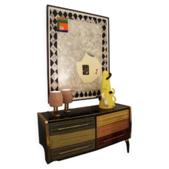 Mobilier de bar en bois massif et en verre coloré des années 1950, Italie