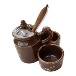 Moutardier avec sel et poivre grès émaillé marron avec motifs floraux