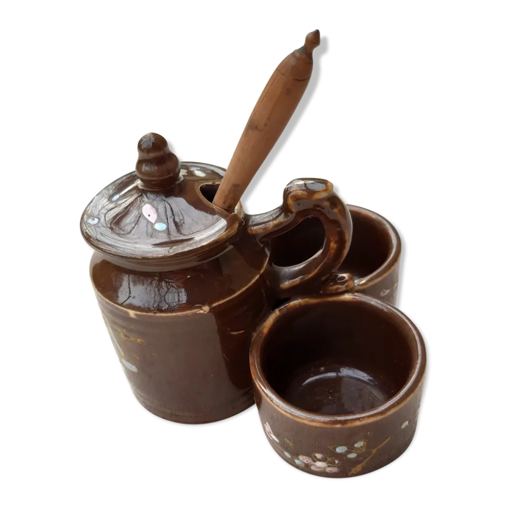 Moutardier avec sel et poivre grès émaillé marron avec motifs floraux