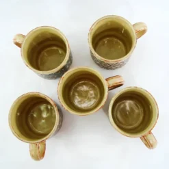 5 mugs en grès beige et fauve - décor géométrique marron - made in England - vintage années 70