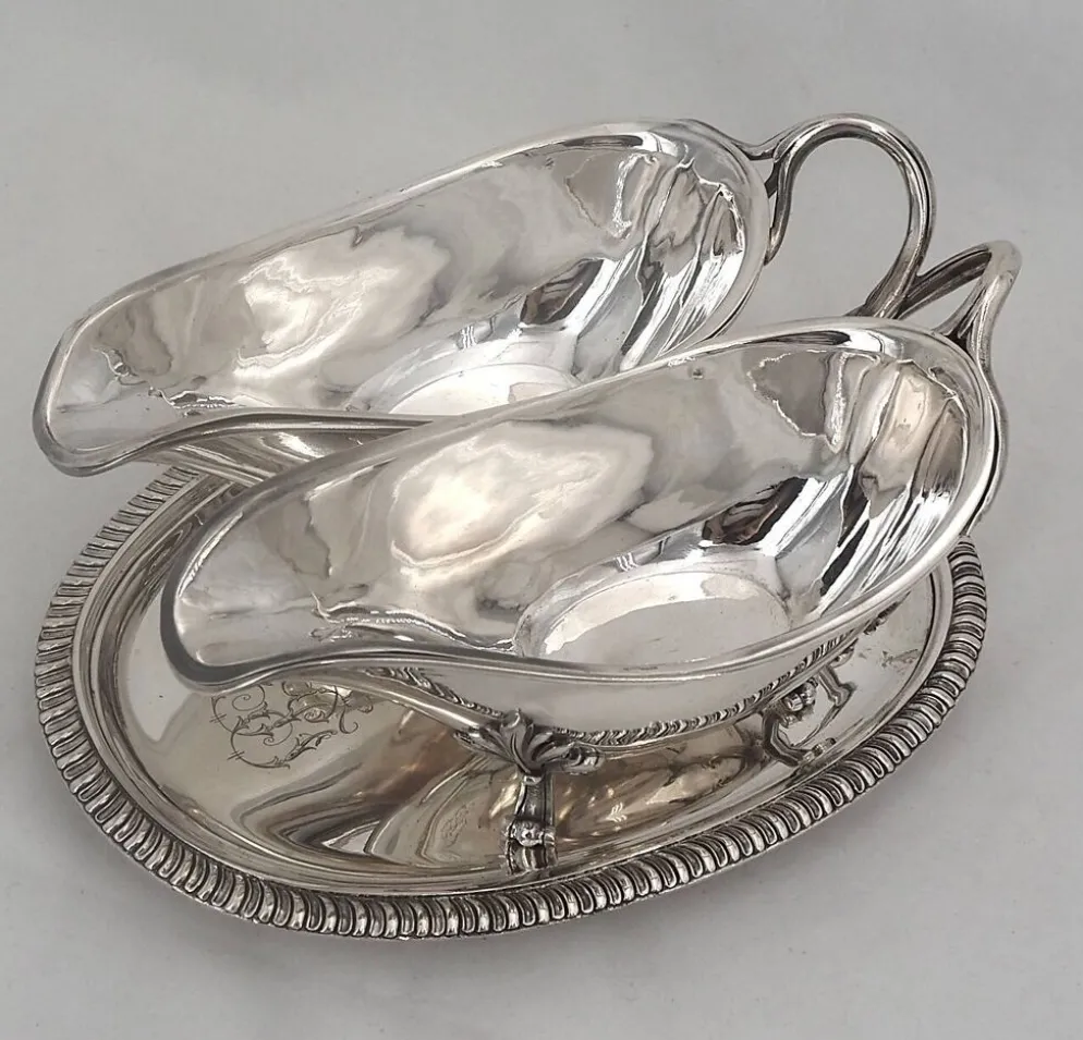 Odiot, saucière double + doublures, argent Minerve, excellent état, XIX, 1,798 kg