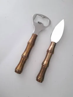 Ouvre bouteille et couteau manche bambou laiton