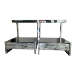 Paire chevets/tables appoint chrome et verre fumé (miroir), avec tiroirs.