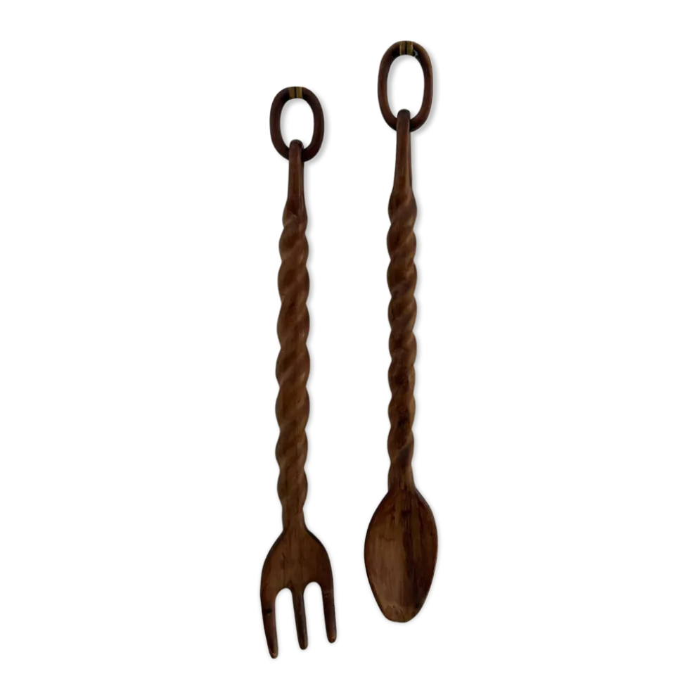 Paire cuillère & fourchette en bois sculpté XXL