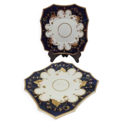 Paire d'Assiettes Carrées Porcelaine de Paris Cobalt et Or Style Empire