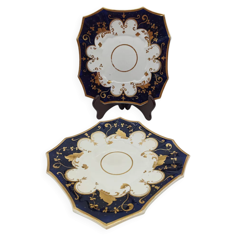 Paire d'Assiettes Carrées Porcelaine de Paris Cobalt et Or Style Empire