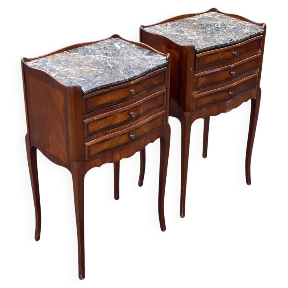 Paire de chevet Louis XV début 20ème marqueterie et marbre