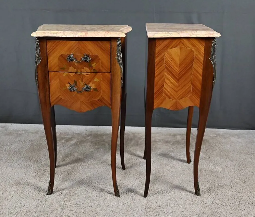 Paire de chevets en marqueterie de bois de rose, style Louis XV – 2ème partie XXe