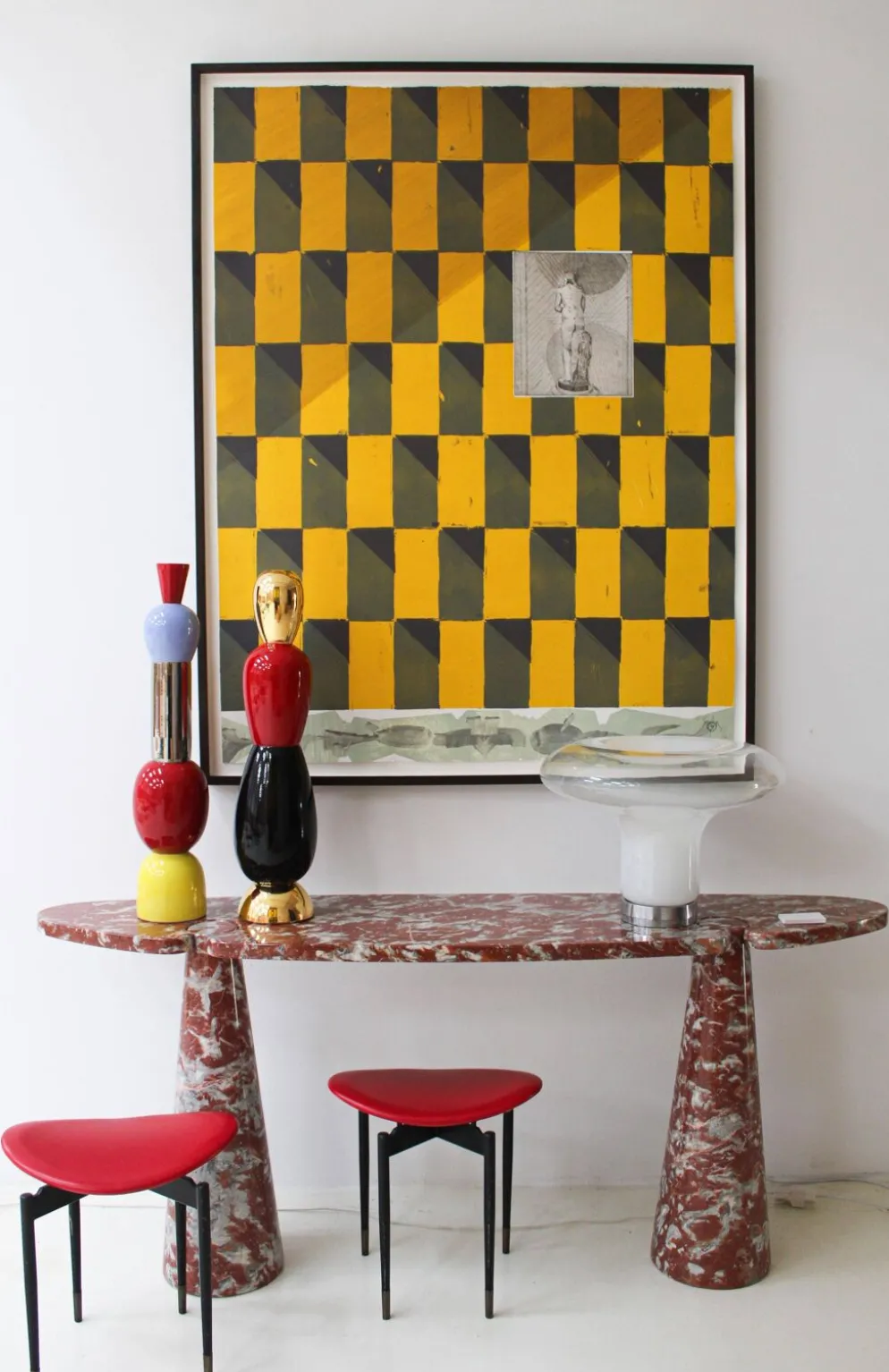 Paire de consoles en marbre rouge Mid Modern Angelo Mangiarotti Italie Eros