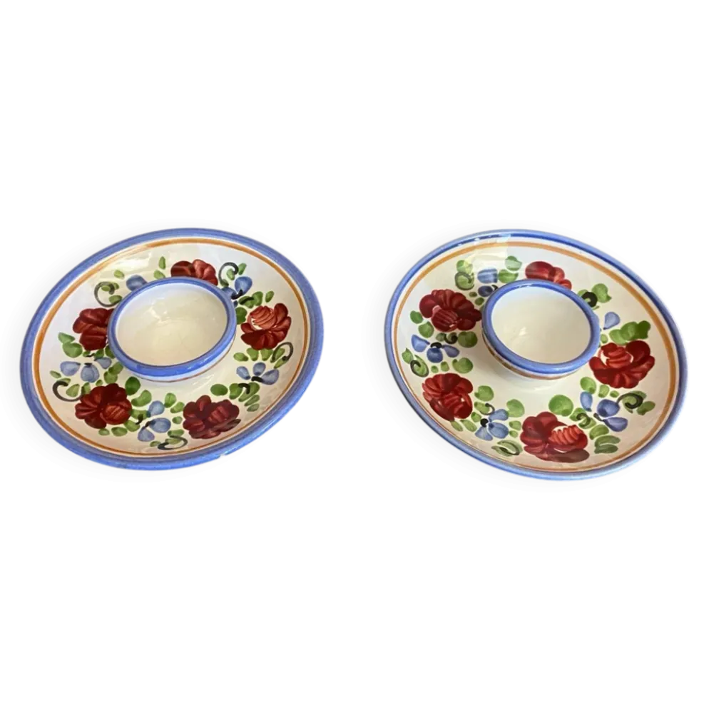 Paire de coquetiers ancien graf stoob keramik céramique polychrome vin