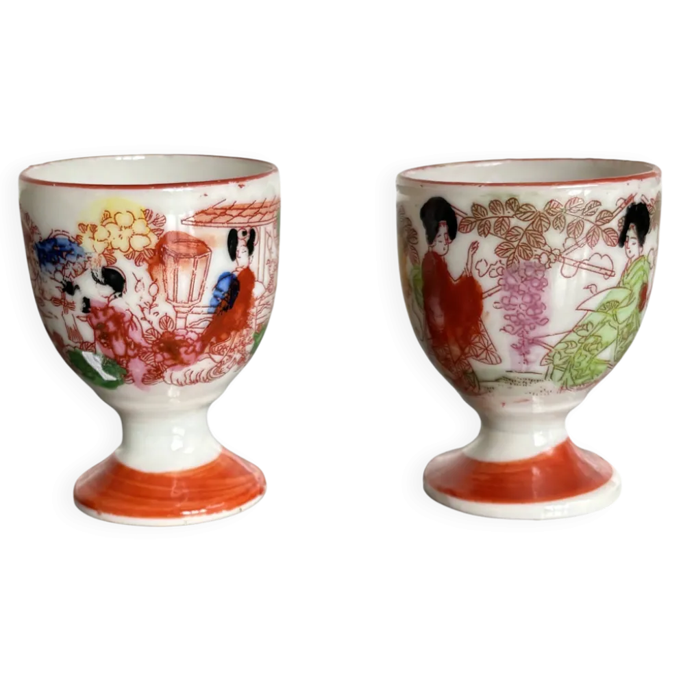 Paire de coquetiers anciens en porcelaine japonaise Kutani