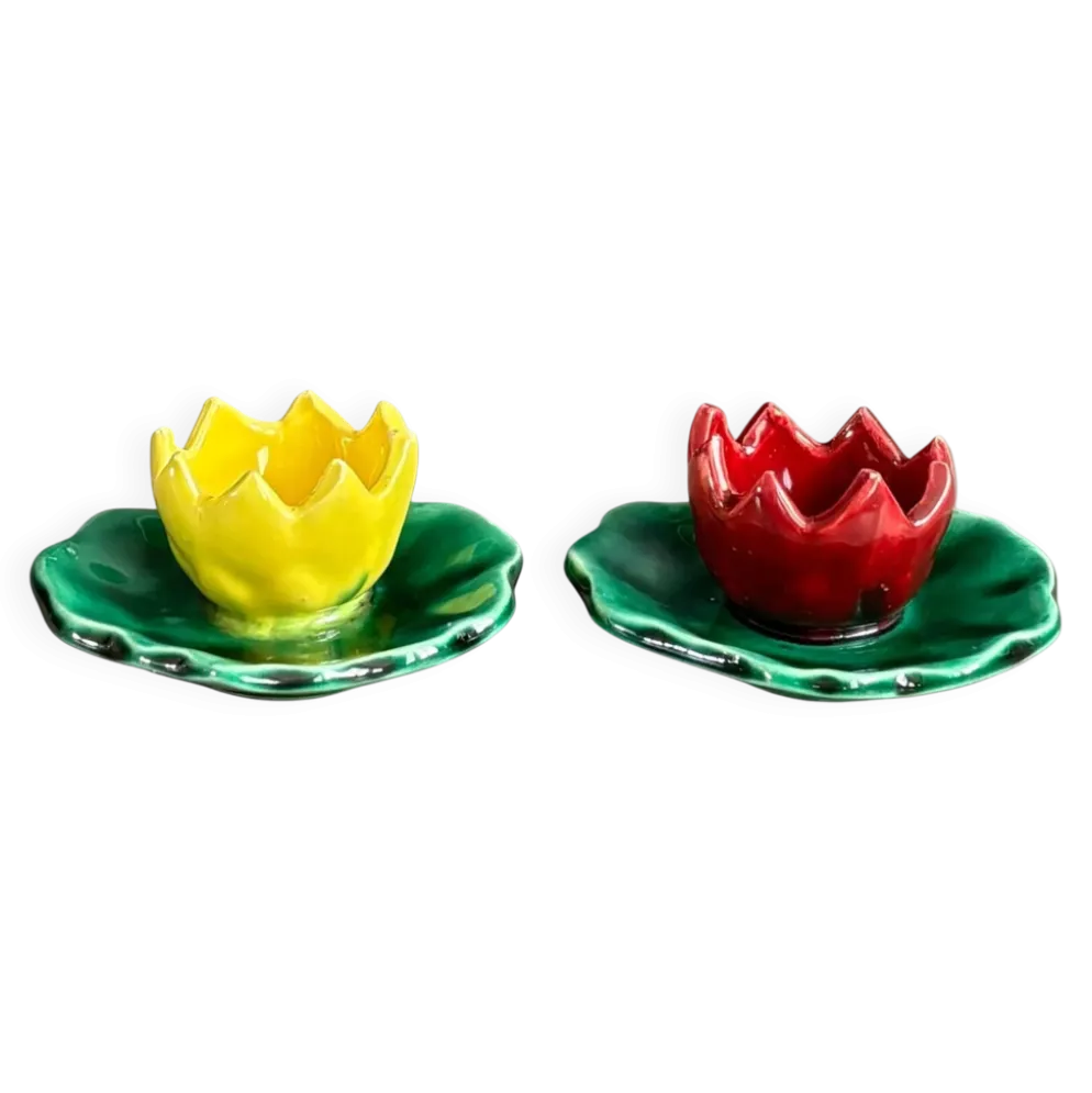 Paire de coquetiers nénuphars Cerenne Vallauris signés