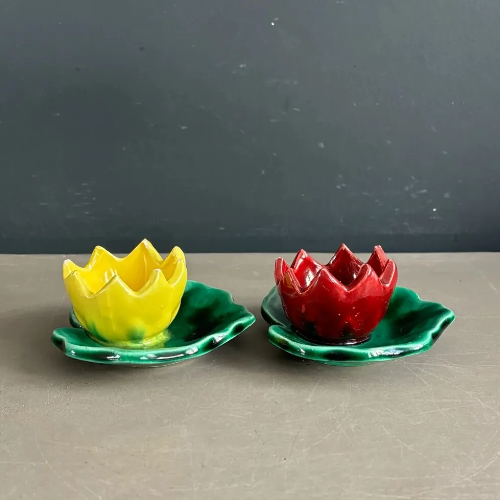 Paire de coquetiers nénuphars Cerenne Vallauris signés